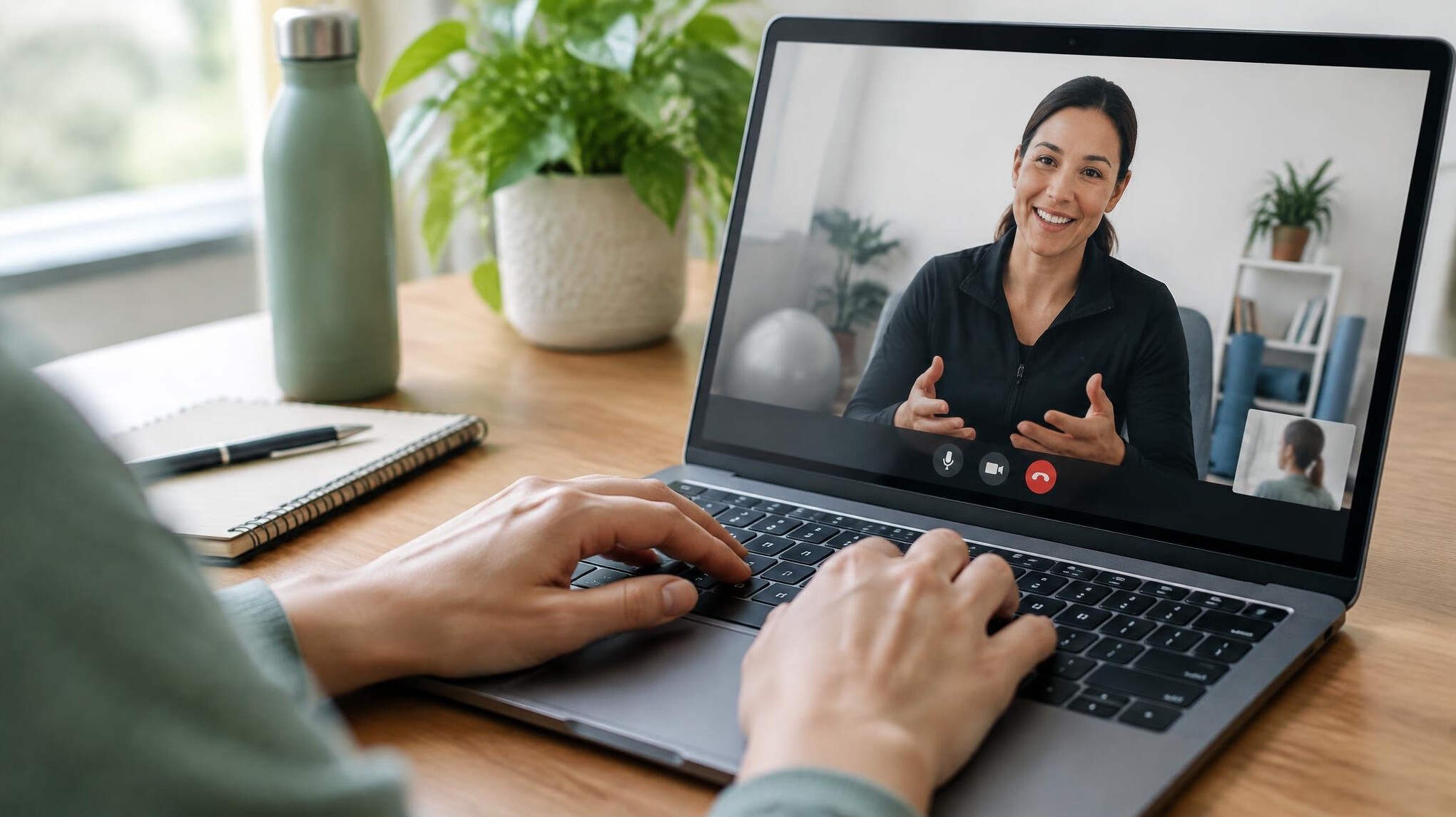 Person joining an online corporate wellness webinar on a laptop