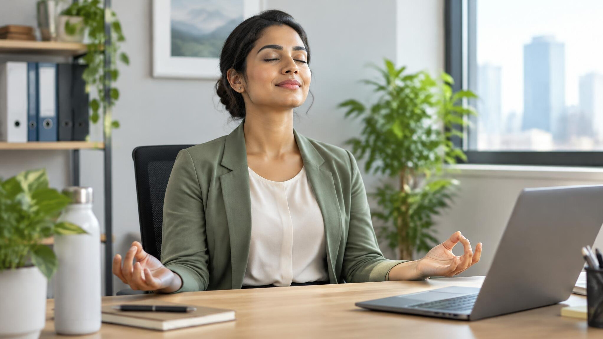 employee meditating at desk