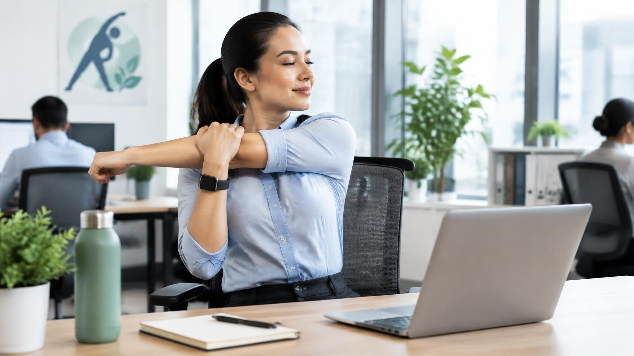 office worker stretching at desk