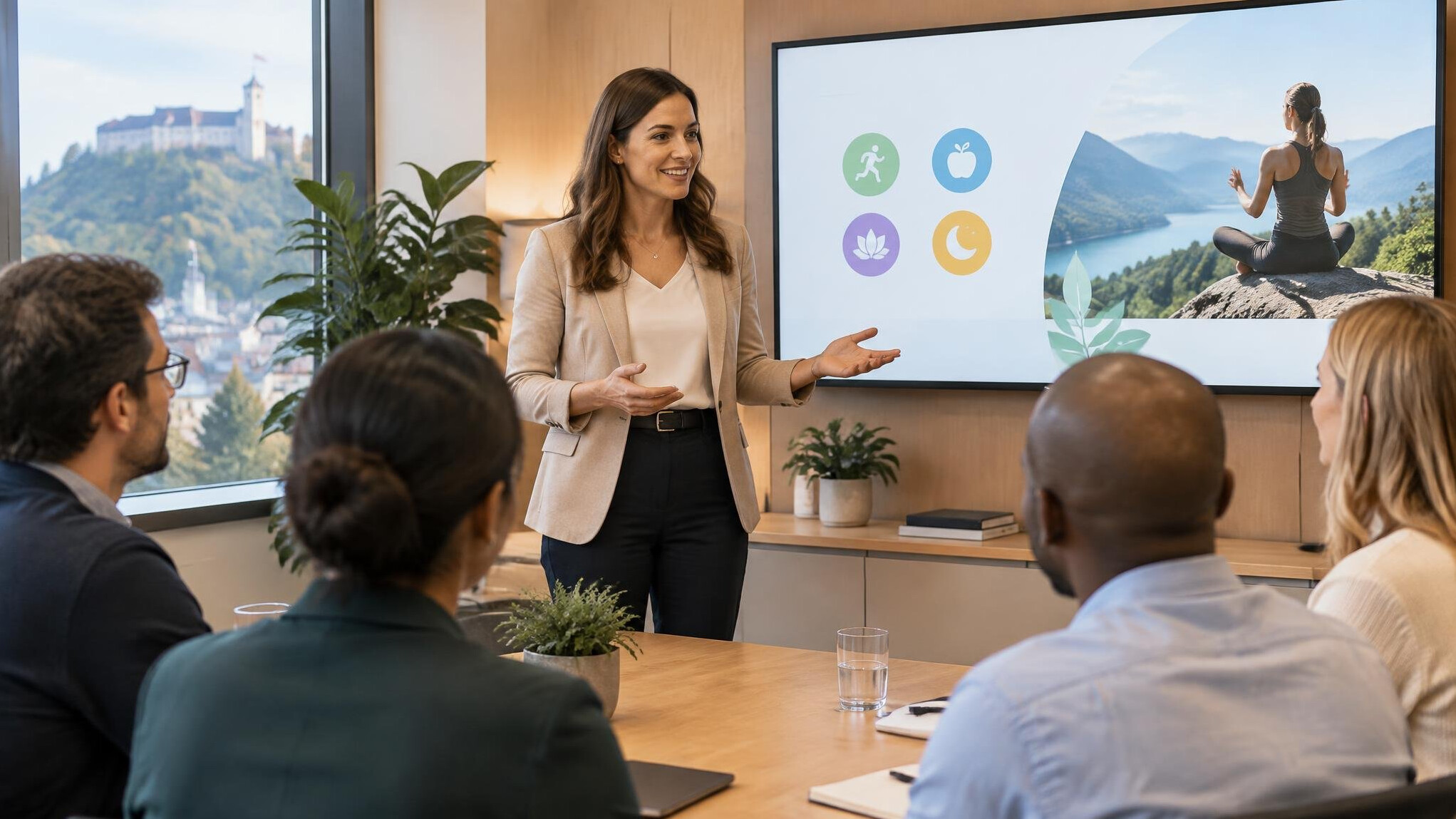 Wellness consultant discussing a health program with employees in a meeting room