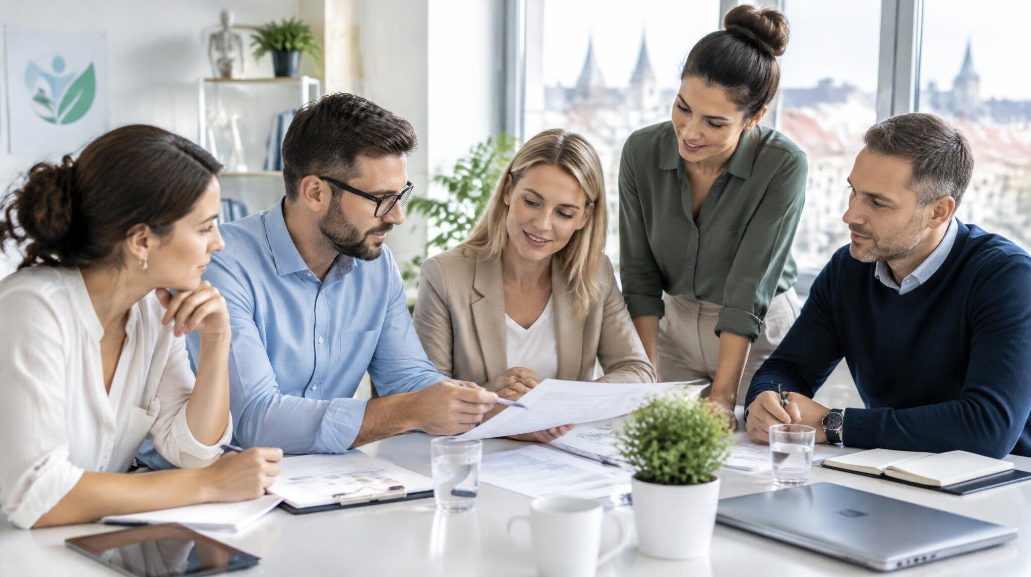 Corporate wellness team collaborating around a table