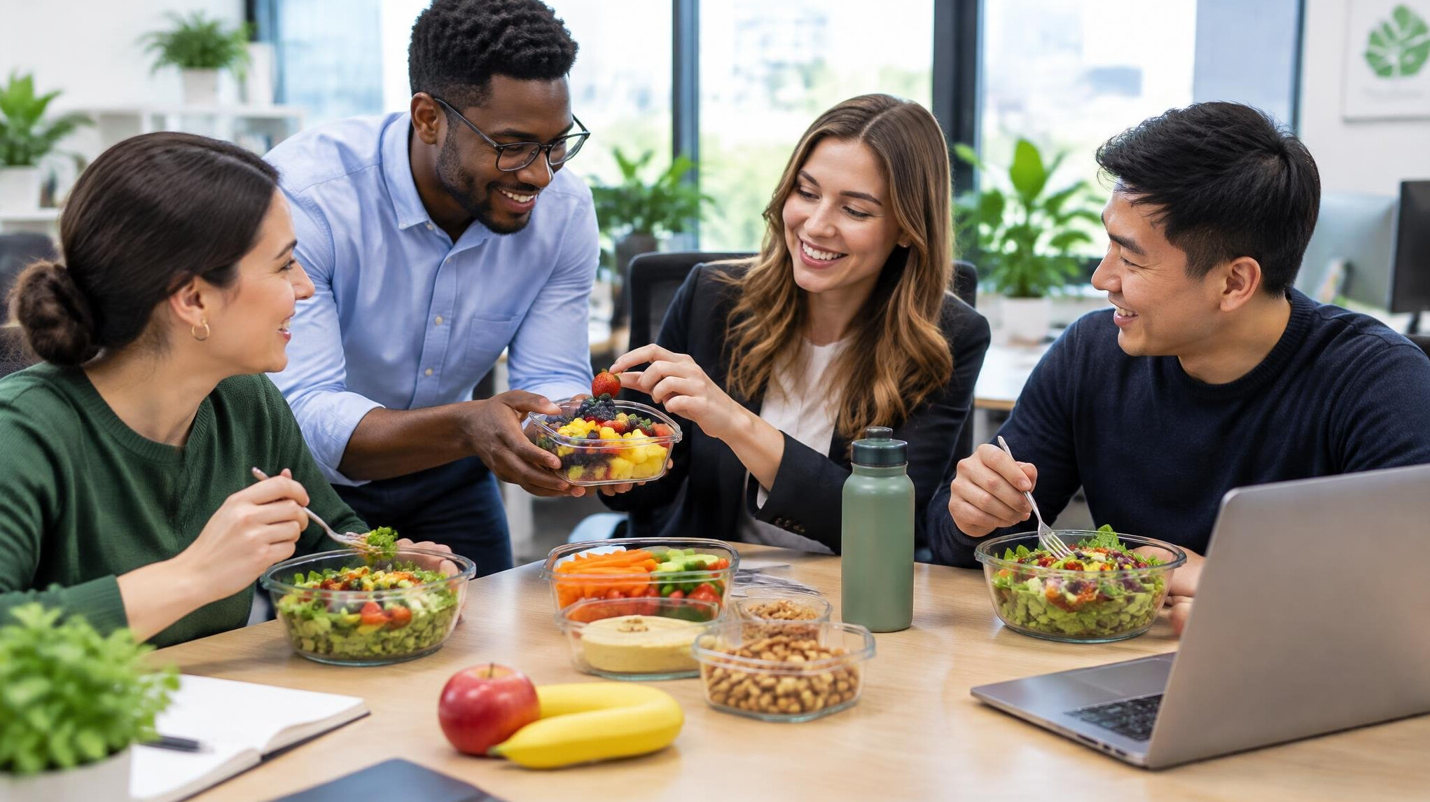 office workers eating healthy lunch